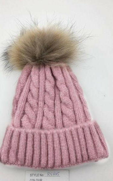 Cable Knit Wool Beanie with Real Fur Pom Pom.