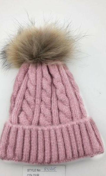 Cable Knit Wool Beanie with Real Fur Pom Pom.