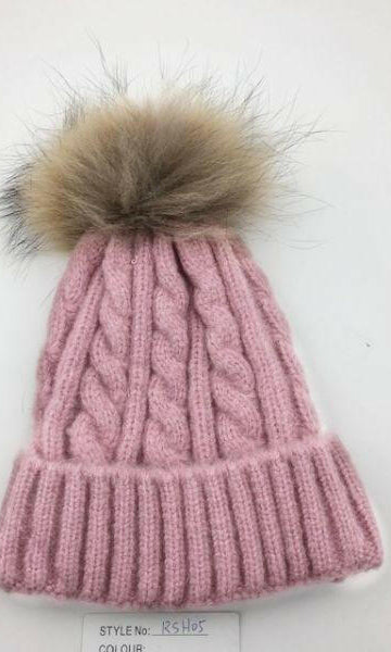 Cable Knit Wool Beanie with Real Fur Pom Pom.