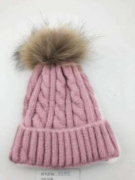 Cable Knit Wool Beanie with Real Fur Pom Pom.
