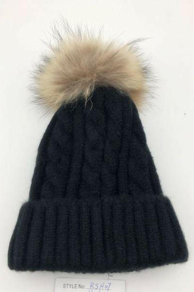 Cable Knit Wool Beanie with Real Fur Pom Pom.