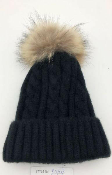 Cable Knit Wool Beanie with Real Fur Pom Pom.