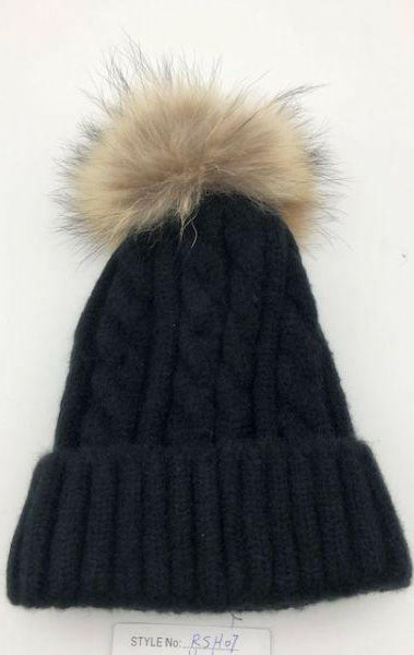 Cable Knit Wool Beanie with Real Fur Pom Pom.