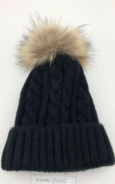 Cable Knit Wool Beanie with Real Fur Pom Pom.