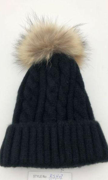 Cable Knit Wool Beanie with Real Fur Pom Pom.