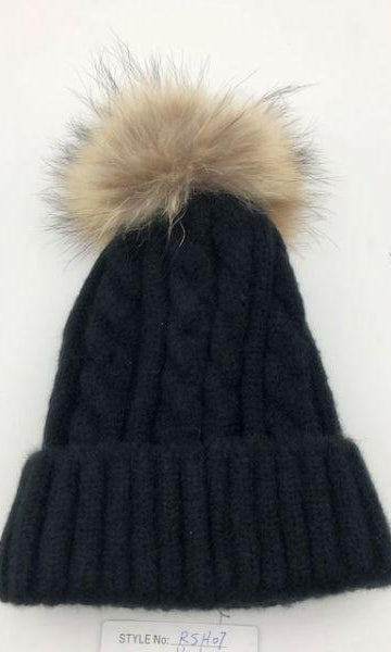 Cable Knit Wool Beanie with Real Fur Pom Pom.