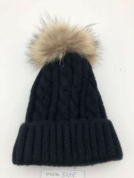 Cable Knit Wool Beanie with Real Fur Pom Pom.