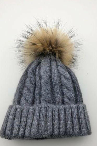 Cable Knit Wool Beanie with Real Fur Pom Pom.