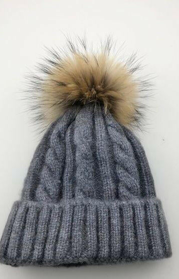 Cable Knit Wool Beanie with Real Fur Pom Pom.