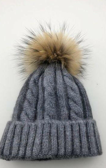 Cable Knit Wool Beanie with Real Fur Pom Pom.