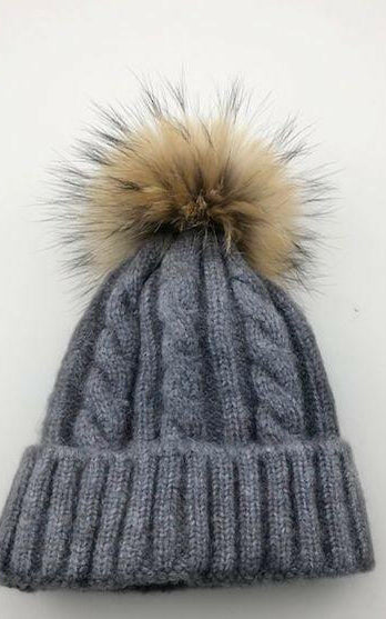 Cable Knit Wool Beanie with Real Fur Pom Pom.