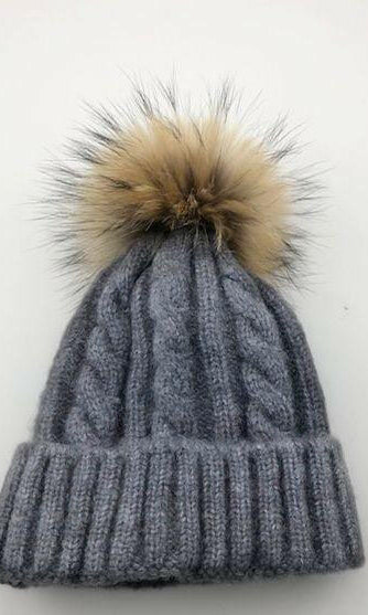 Cable Knit Wool Beanie with Real Fur Pom Pom.