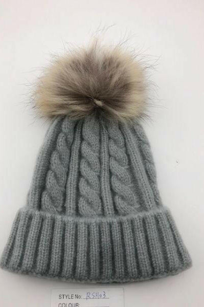 Cable Knit Wool Beanie with Real Fur Pom Pom.
