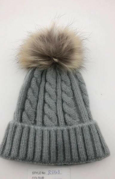 Cable Knit Wool Beanie with Real Fur Pom Pom.