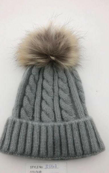 Cable Knit Wool Beanie with Real Fur Pom Pom.