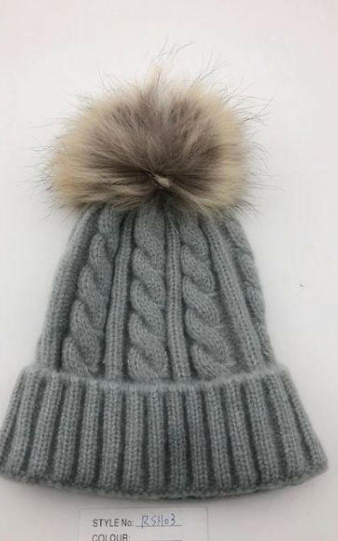 Cable Knit Wool Beanie with Real Fur Pom Pom.