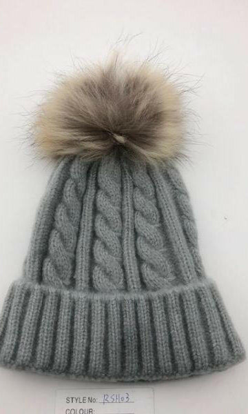 Cable Knit Wool Beanie with Real Fur Pom Pom.