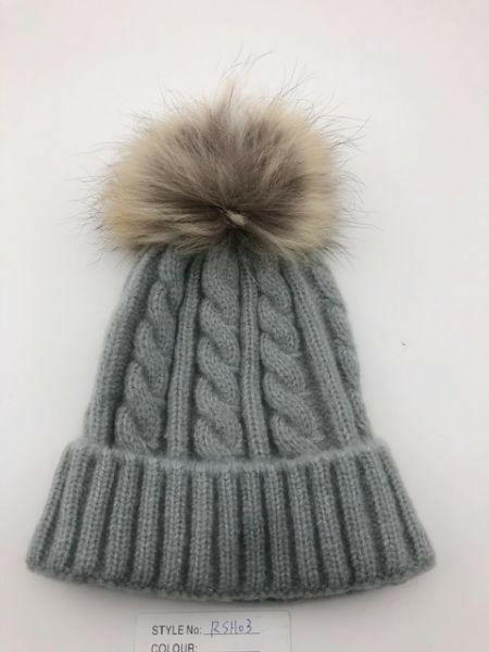 Cable Knit Wool Beanie with Real Fur Pom Pom.