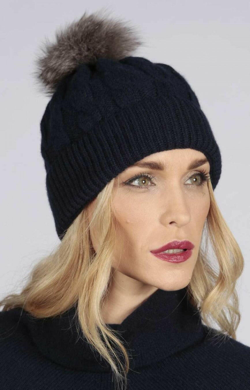 Cable Knit Wool Beanie with Real Fur Pom Pom.