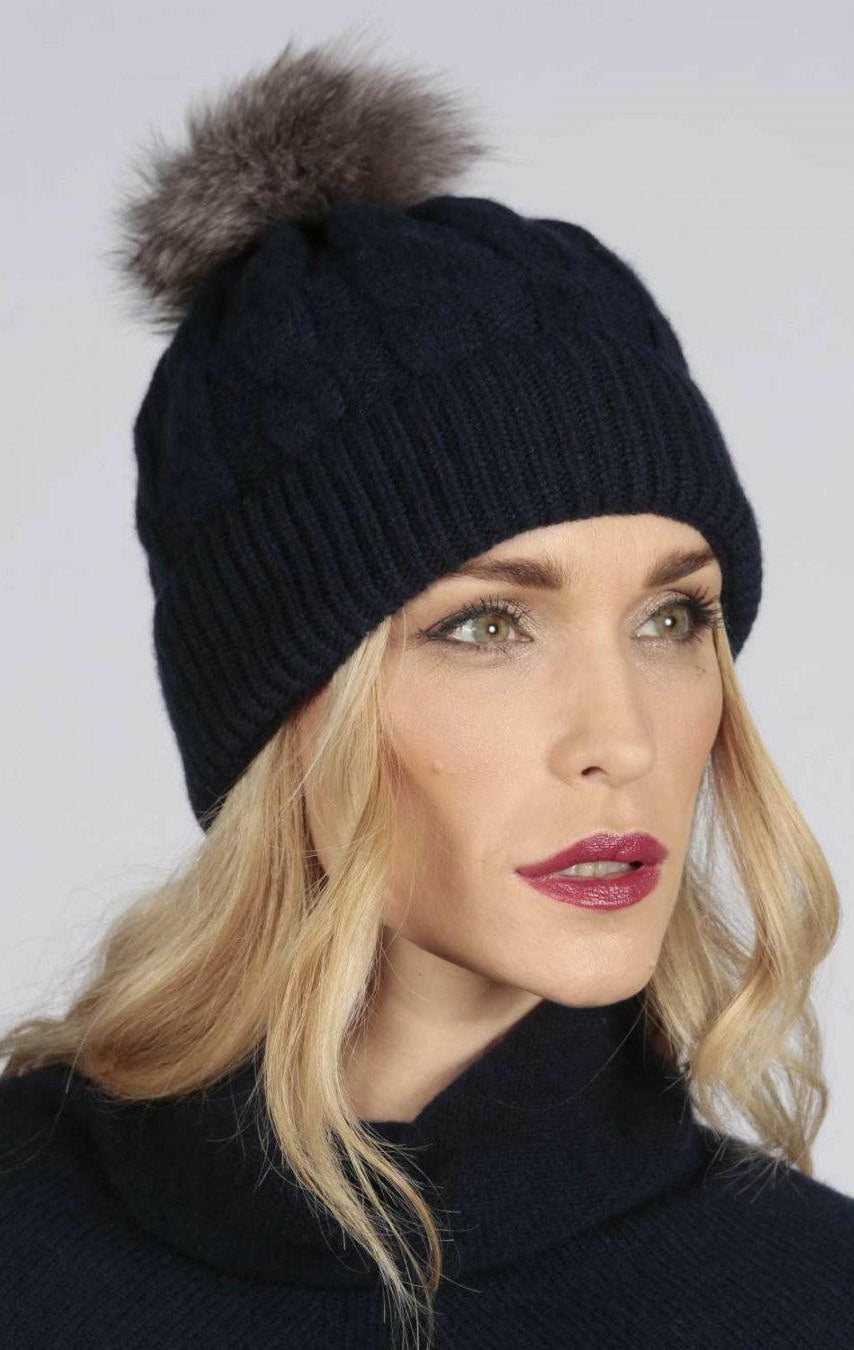 Cable Knit Wool Beanie with Real Fur Pom Pom.