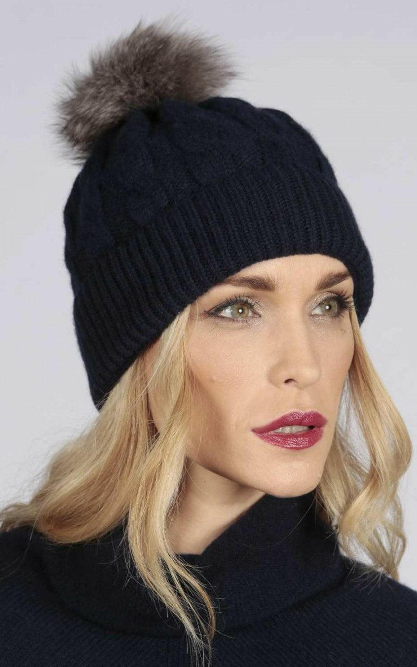 Cable Knit Wool Beanie with Real Fur Pom Pom.