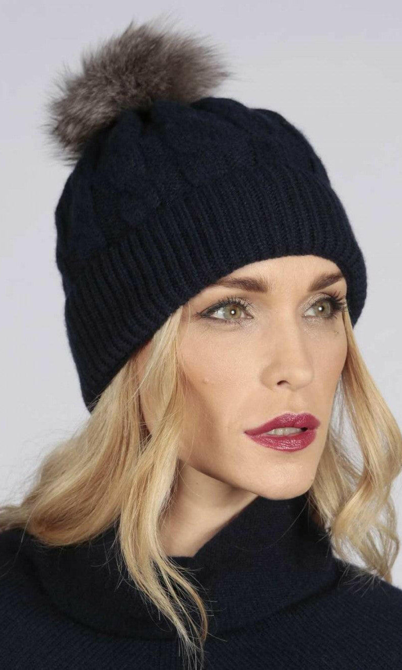Cable Knit Wool Beanie with Real Fur Pom Pom.