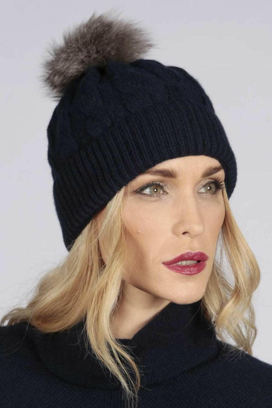 Cable Knit Wool Beanie with Real Fur Pom Pom.