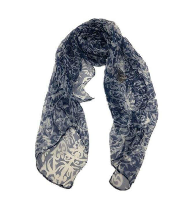 Navy White Print Scarf 100% Silk Single PSU280.