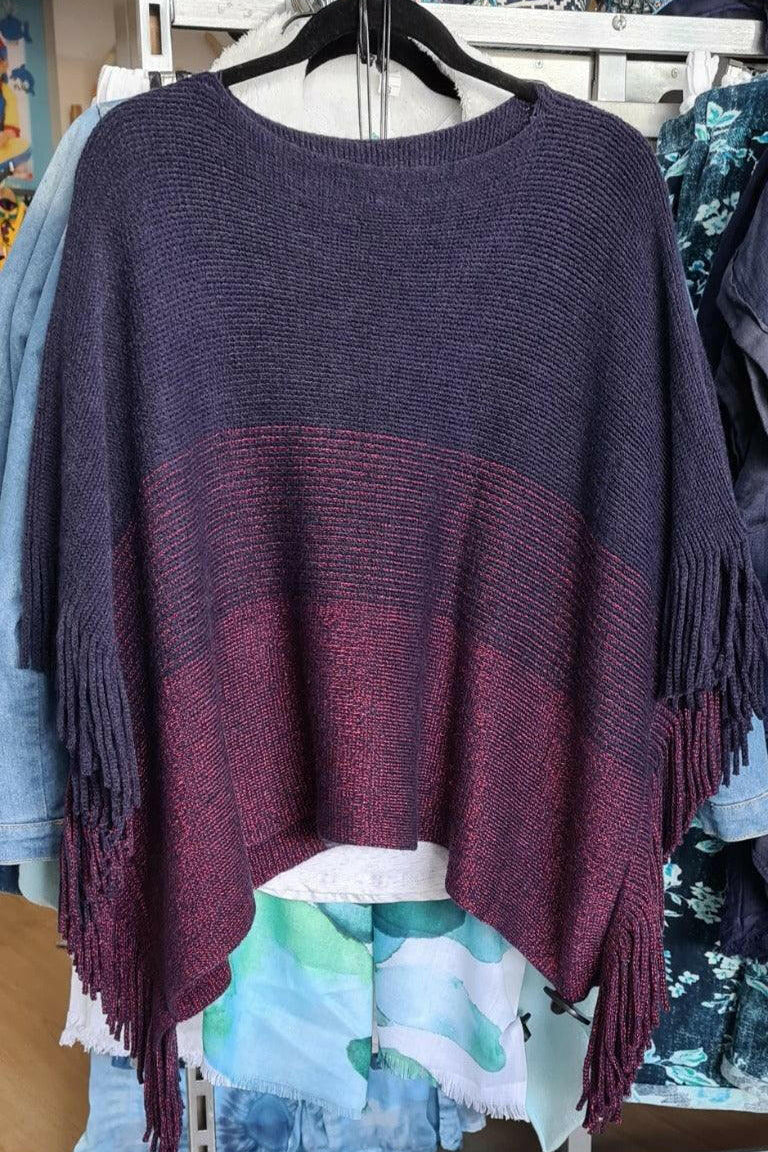 Cashmere Wrap Fringed Red and Navy Super Soft Poncho.