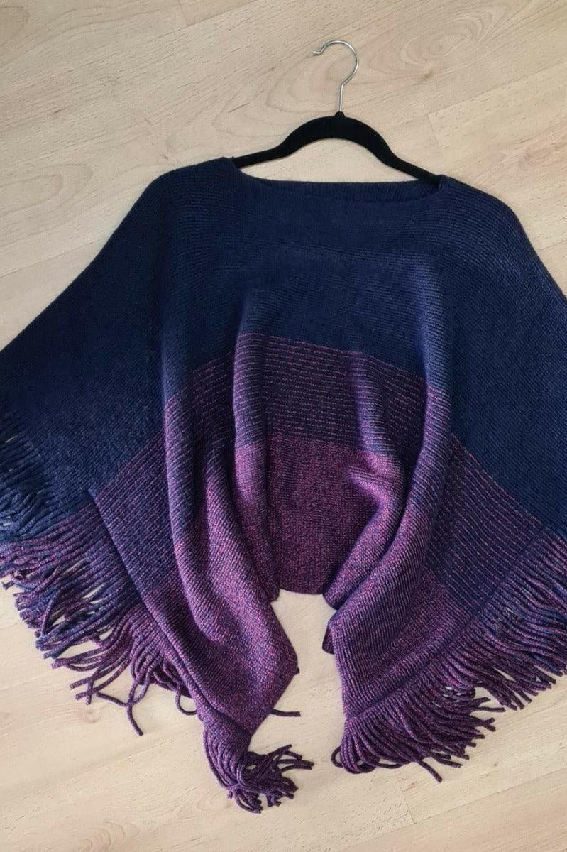 Cashmere Wrap Fringed Red and Navy Super Soft Poncho.