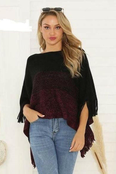 Cashmere Wrap Fringed Red and Navy Super Soft Poncho.