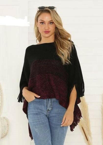 Cashmere Wrap Fringed Red and Navy Super Soft Poncho.