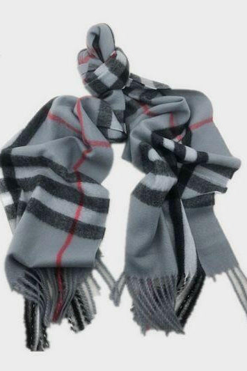 Burberry Look Plaid Wool Blend Very Soft Fringe Scarf Grey.