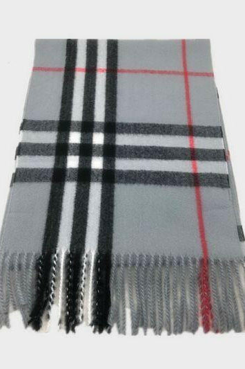 Burberry Look Plaid Wool Blend Very Soft Fringe Scarf Grey.