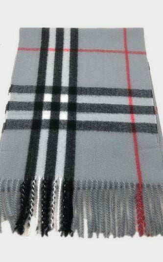 Burberry Look Plaid Wool Blend Very Soft Fringe Scarf Grey.