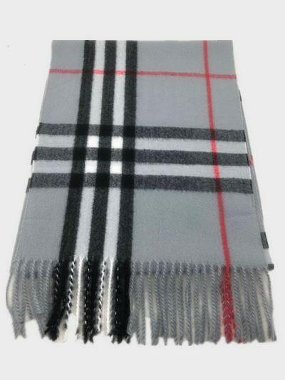 Burberry Look Plaid Wool Blend Very Soft Fringe Scarf Grey.