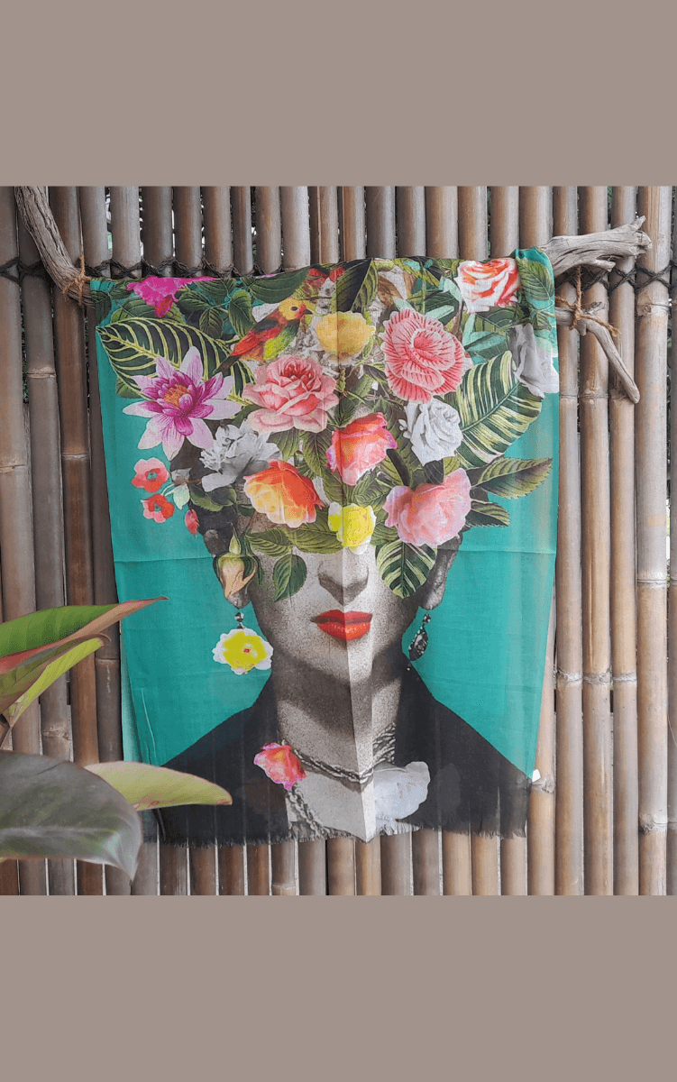 Zura Frida Kahlo 100% Cotton Scarf - Green Flowers.