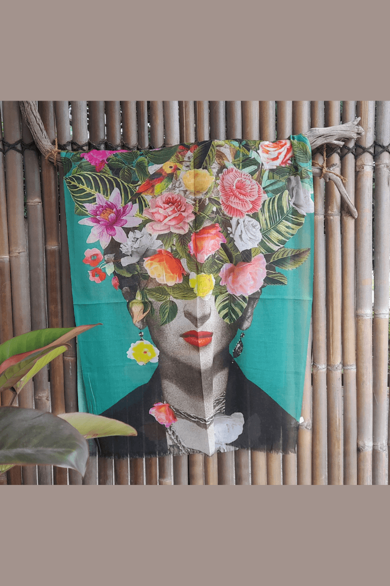 Zura Frida Kahlo 100% Cotton Scarf - Green Flowers.