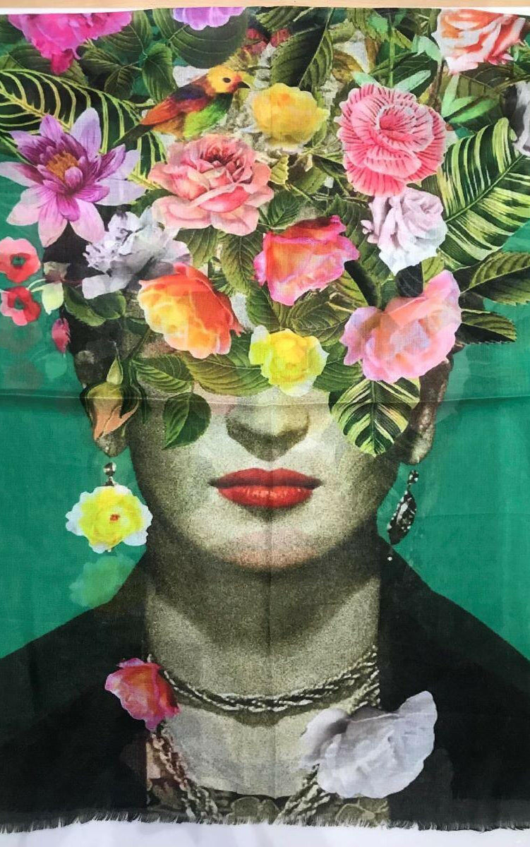 Zura Frida Kahlo 100% Cotton Scarf - Green Flowers.