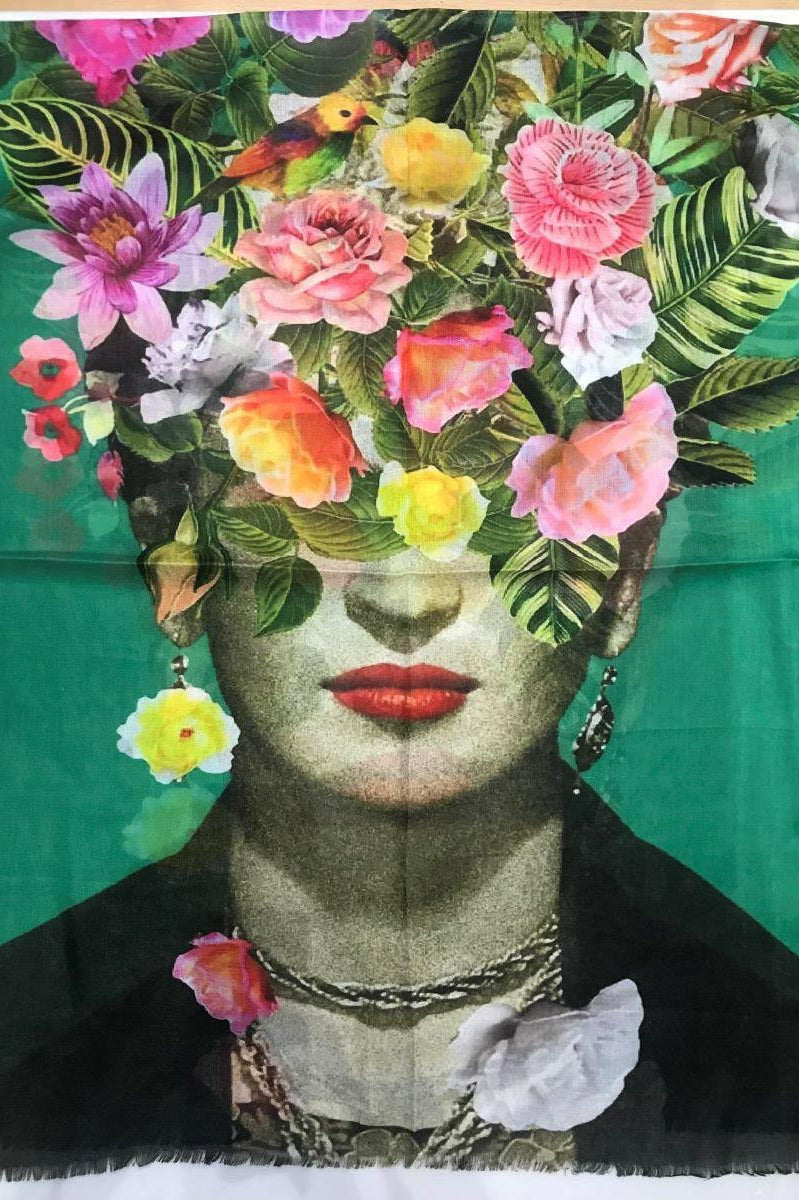 Zura Frida Kahlo 100% Cotton Scarf - Green Flowers.