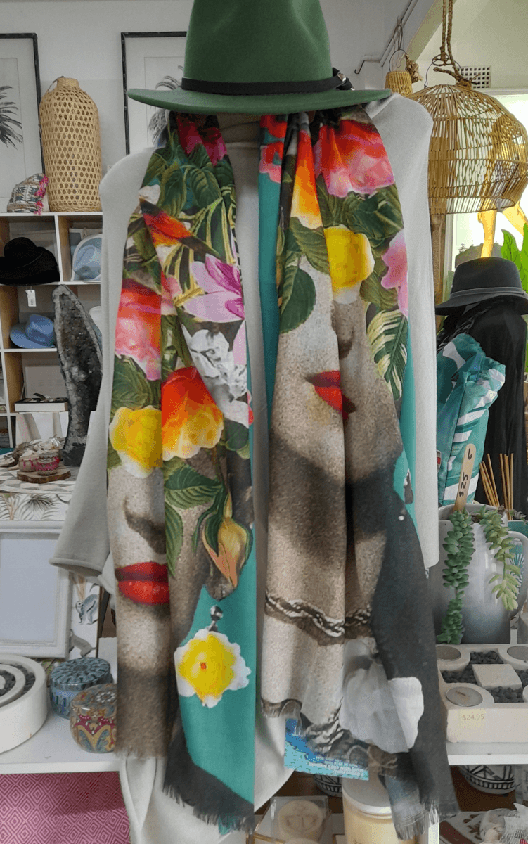 Zura Frida Kahlo 100% Cotton Scarf - Green Flowers.