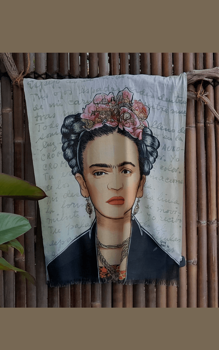 Zura Frida Kahlo 100% Cotton Scarf - Pink Roses In Hair.