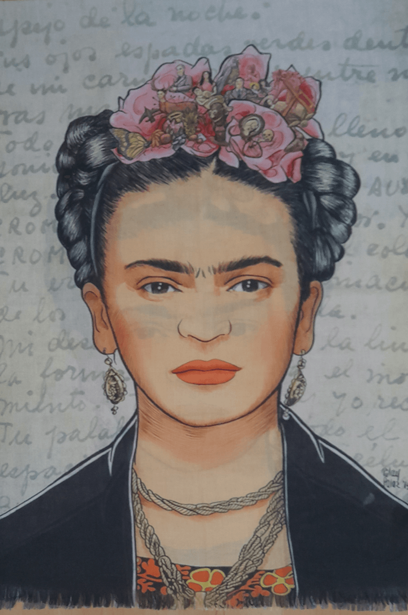Zura Frida Kahlo 100% Cotton Scarf - Pink Roses In Hair.