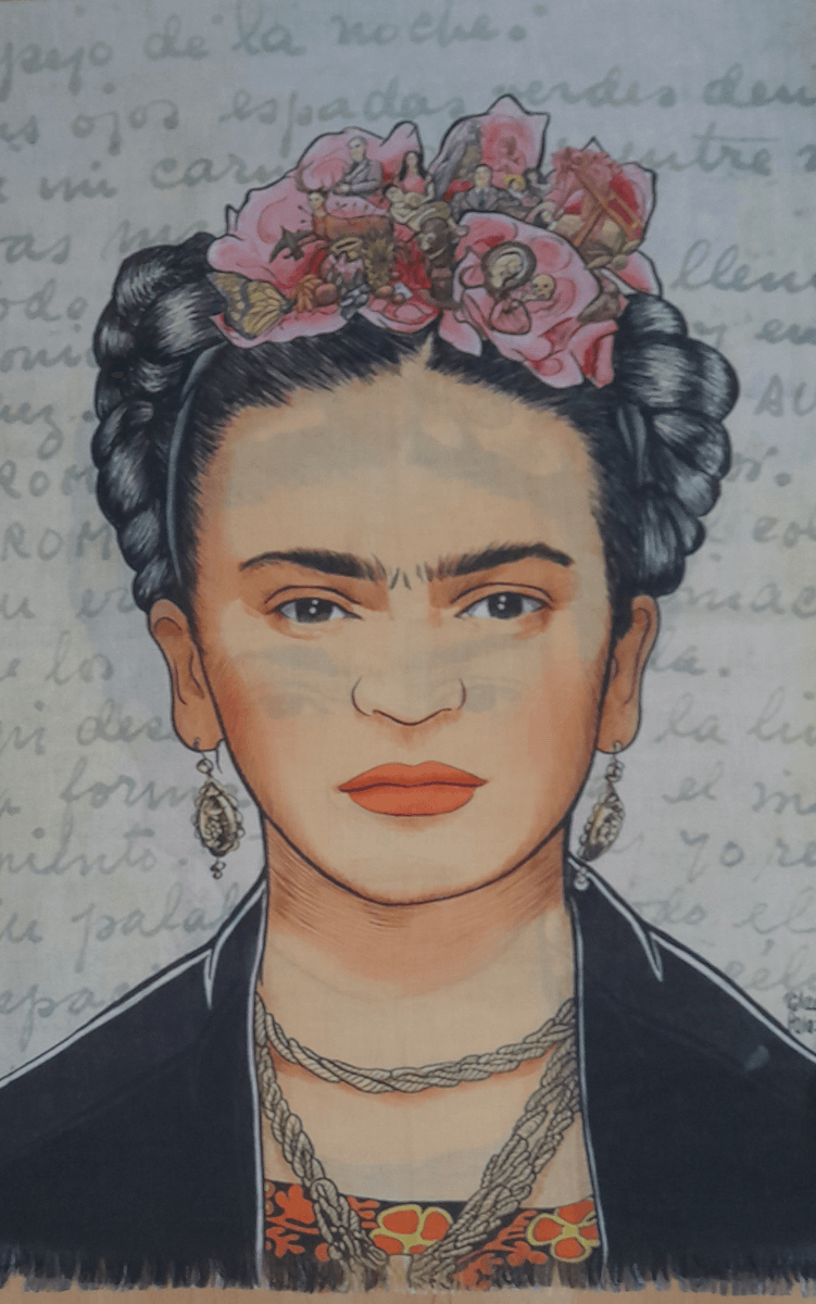 Zura Frida Kahlo 100% Cotton Scarf - Pink Roses In Hair.