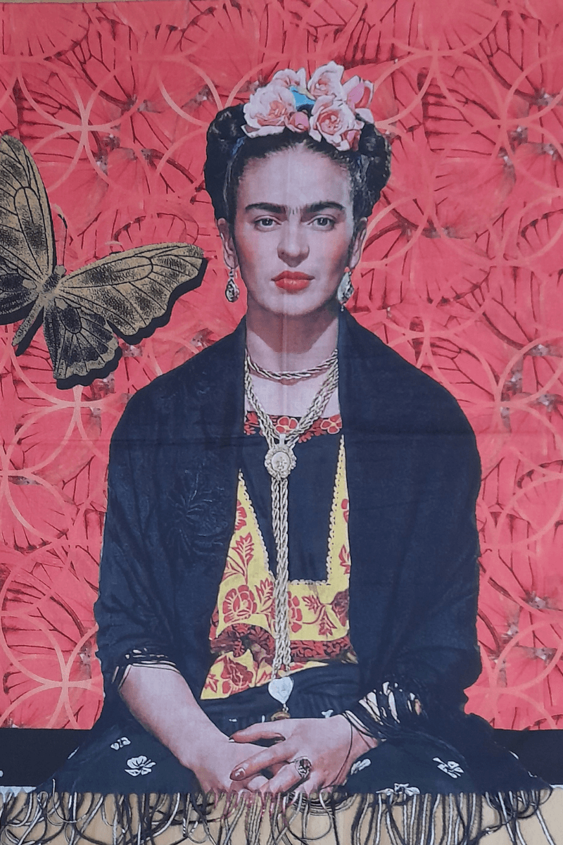 Zura Frida Kahlo Reversable Wool Scarf - Pink Flowers.