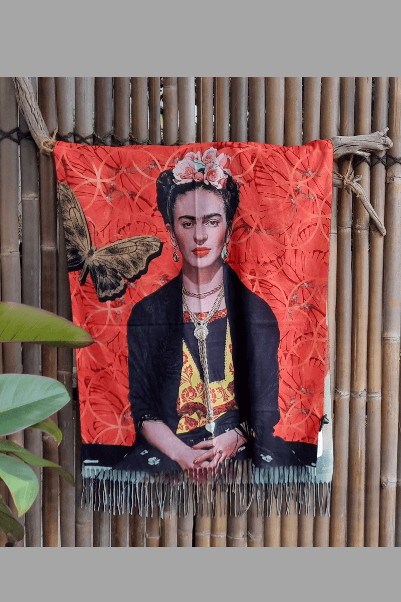 Zura Frida Kahlo Reversable Wool Scarf - Pink Flowers.