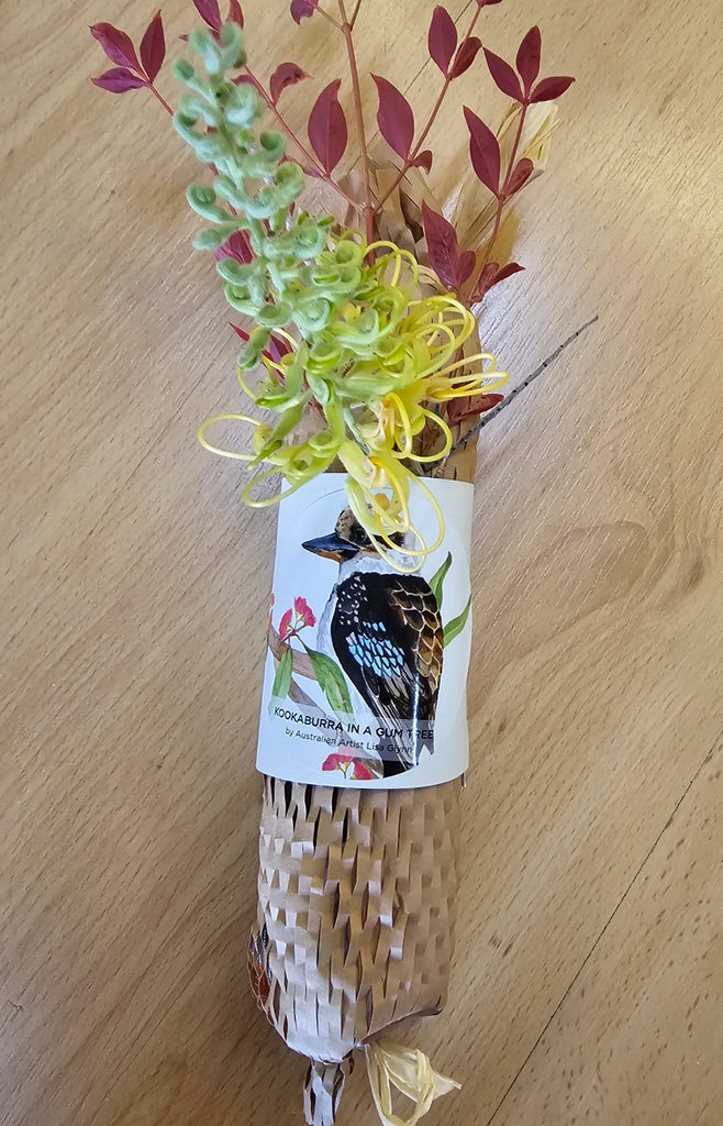 Kookaburra-tea-towel-wrapped-wildflowers