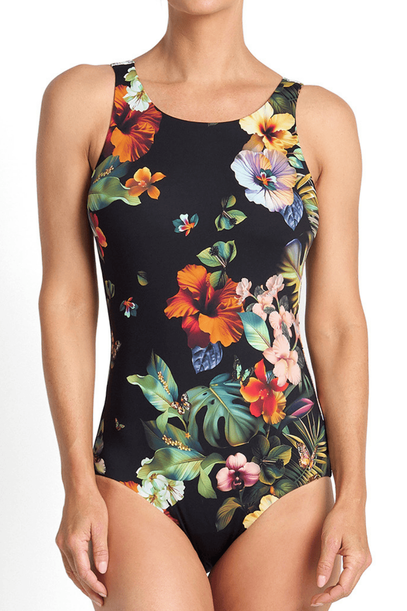 Jantzen Hibiscus High Neck Mastectomy One Piece Forest Black.
