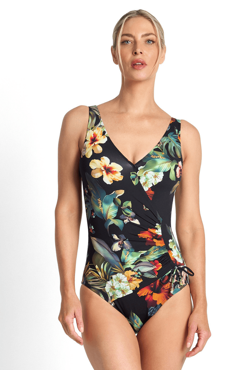Jantzen Hibiscus Gathered Surplice One Piece Black.