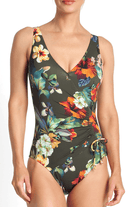 Jantzen Hibiscus Gathered Surplice One Piece Forest.